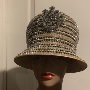 Elegant Striped Hat with Rhinestone Embellishment